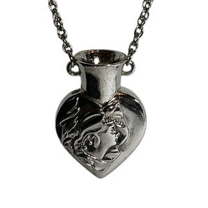 Vintage Silver Tone Heart Vessel Pendant Necklace Art Nouveau Motif